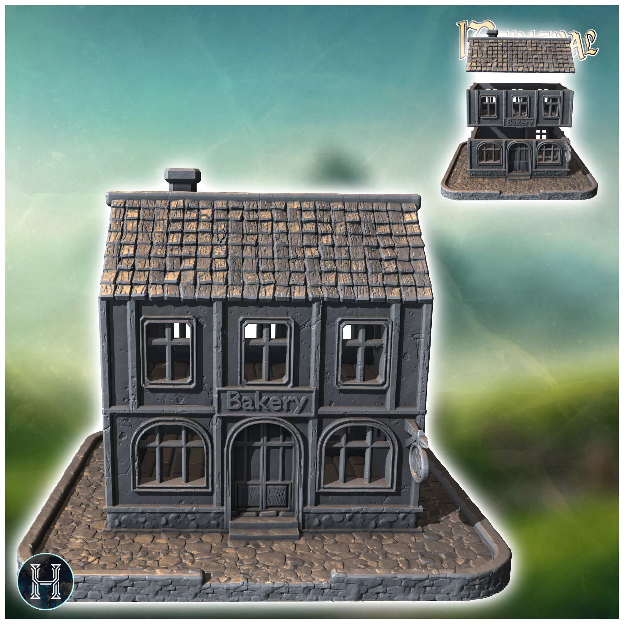 Medieval bakery with stone base wooden upper floors and a shingl 3D print model_1