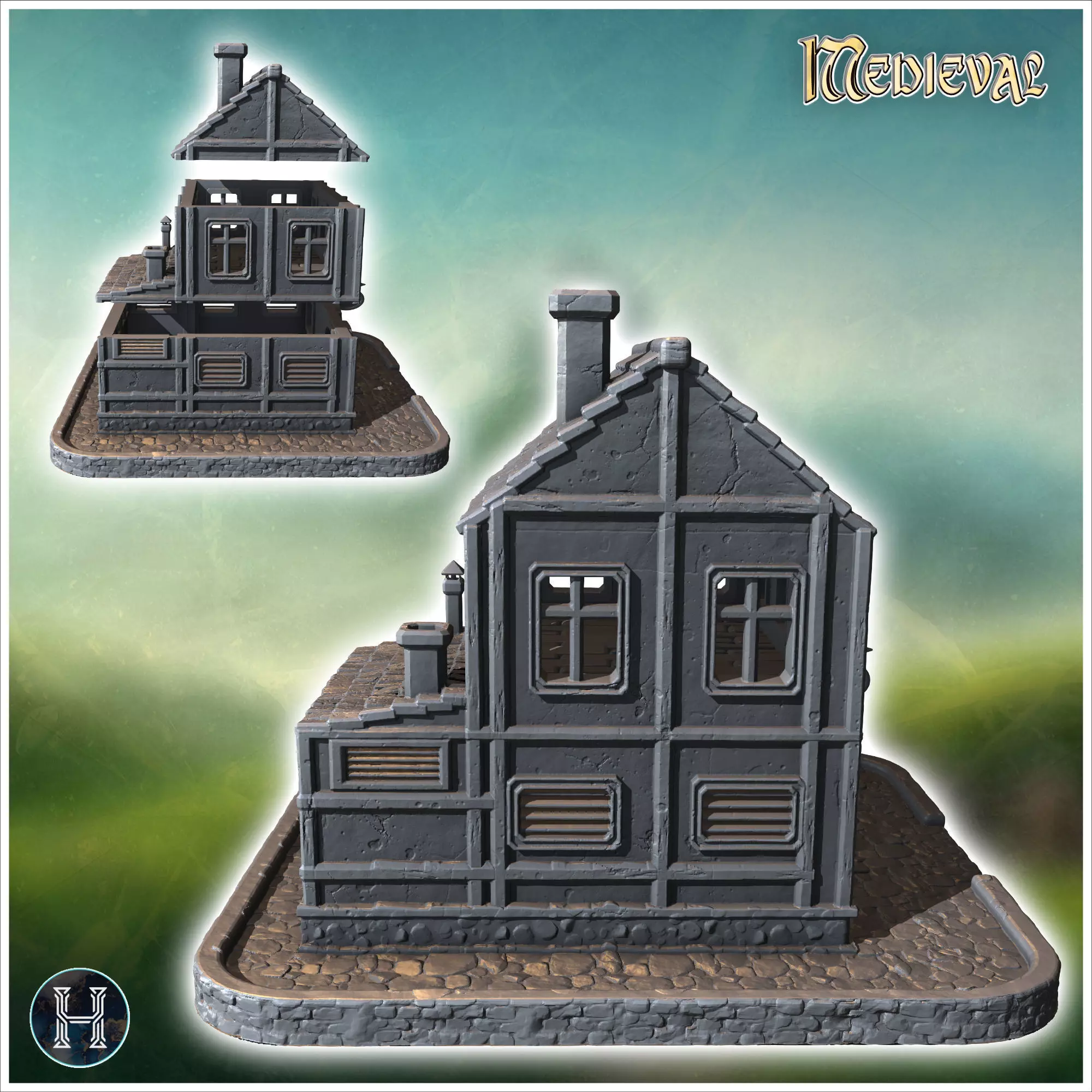 Medieval bakery with stone base wooden upper floors and a shingl 3D print model_2