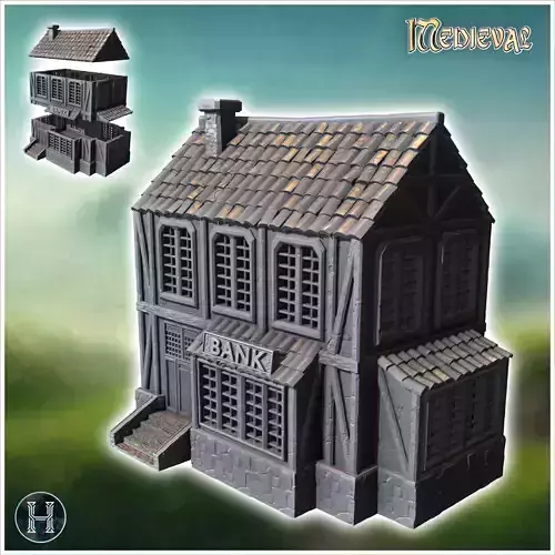 Medieval bank building with a stone base wooden upper floors and