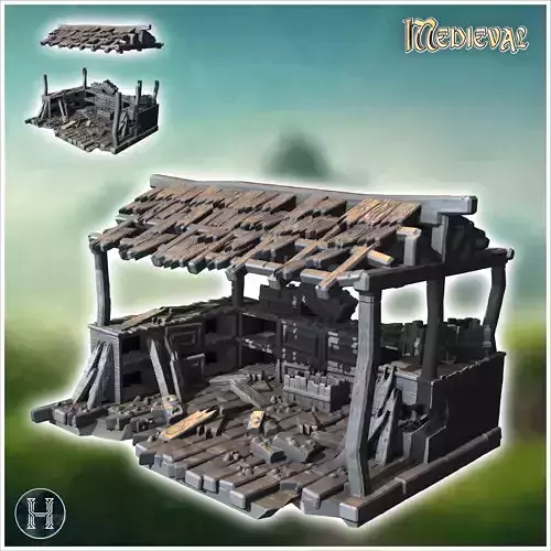 Partially collapsed wooden shed with exposed beams and scattered