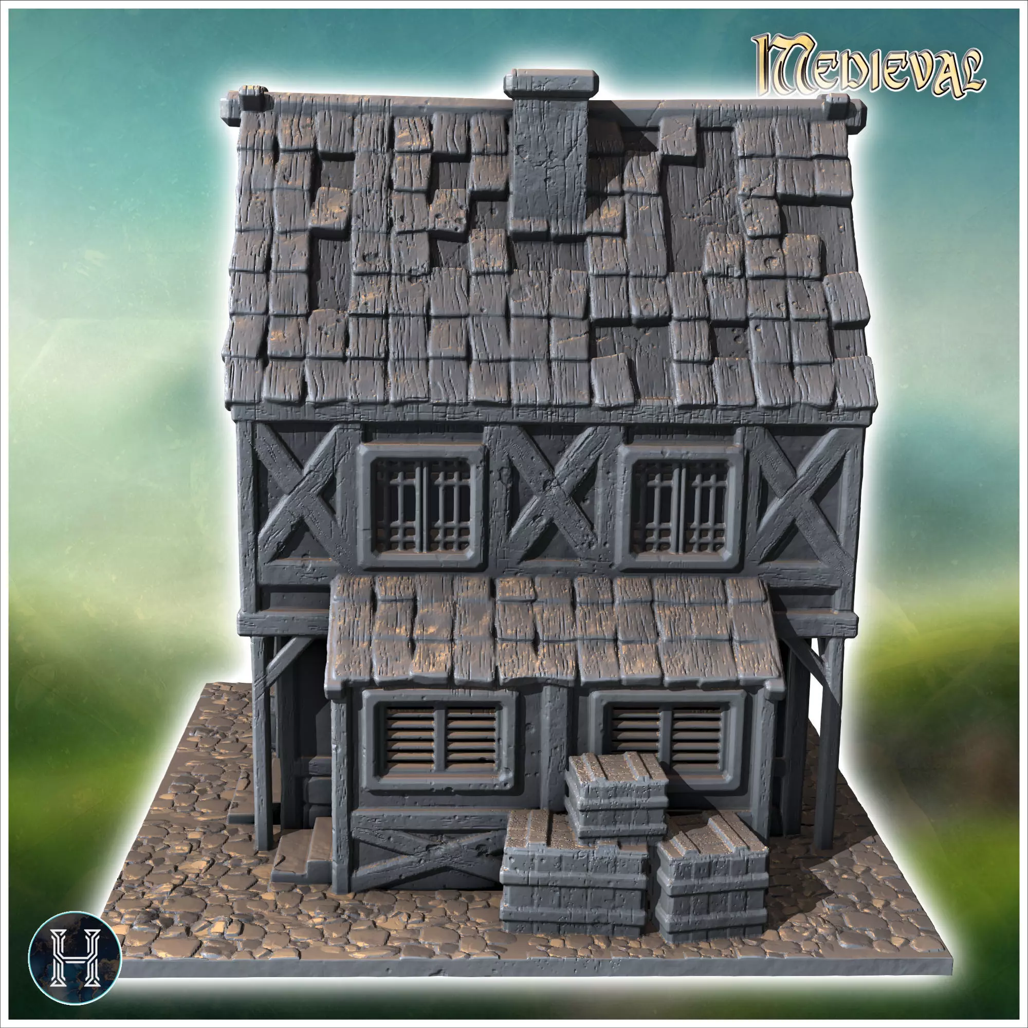 Two-story wooden house with barrels and crates near the entrance 3D print model_4