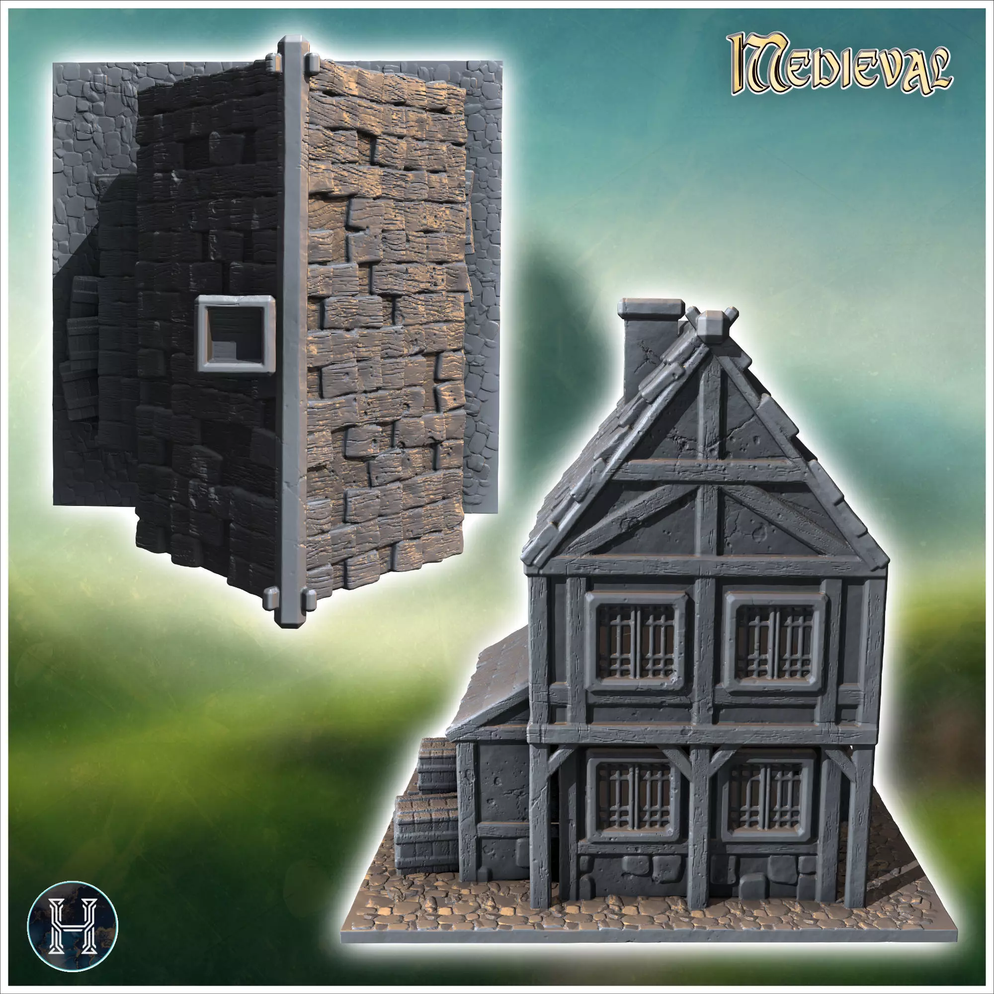 Two-story wooden house with barrels and crates near the entrance 3D print model_3