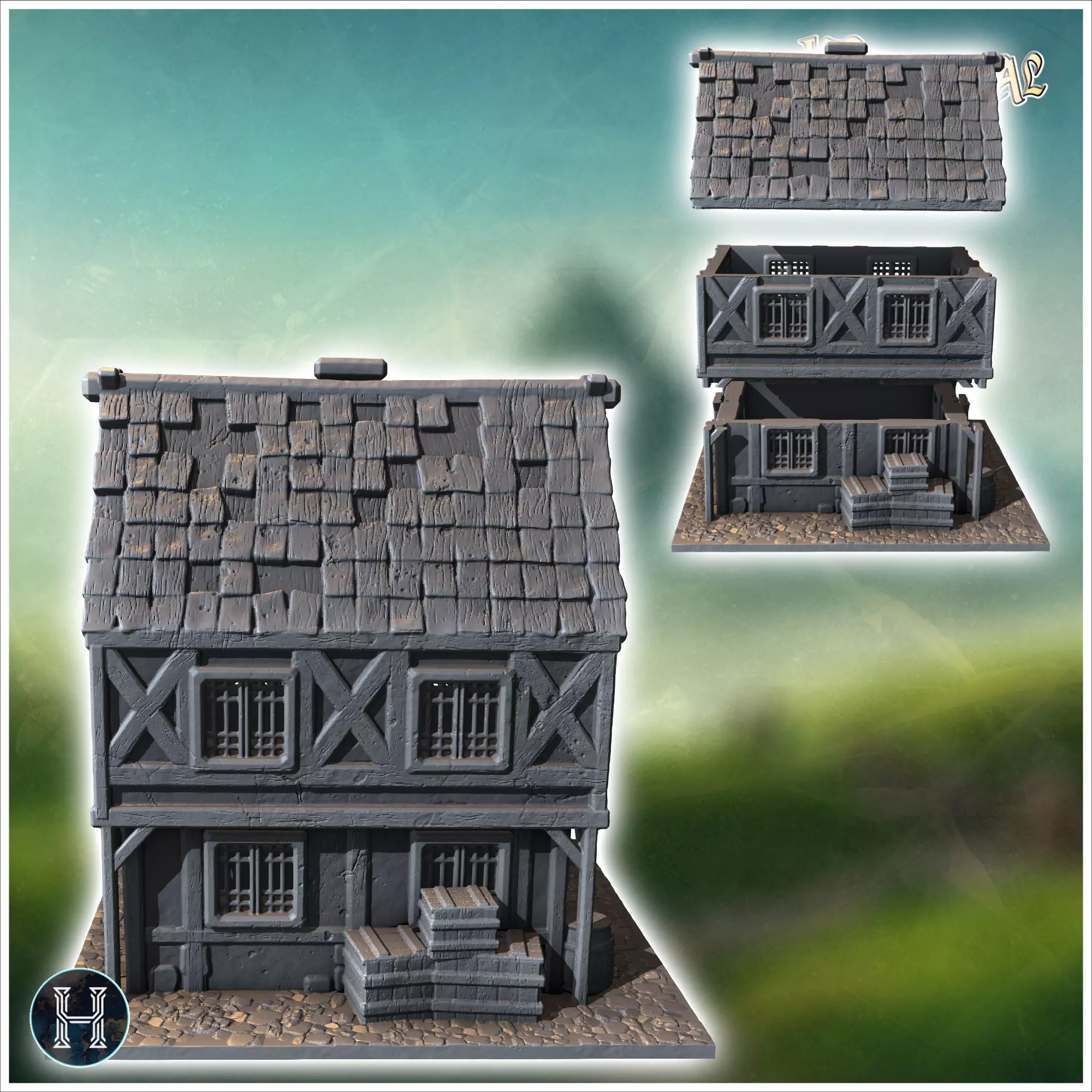 Two-story wooden house with barrels and crates near the entrance 3D print model_2