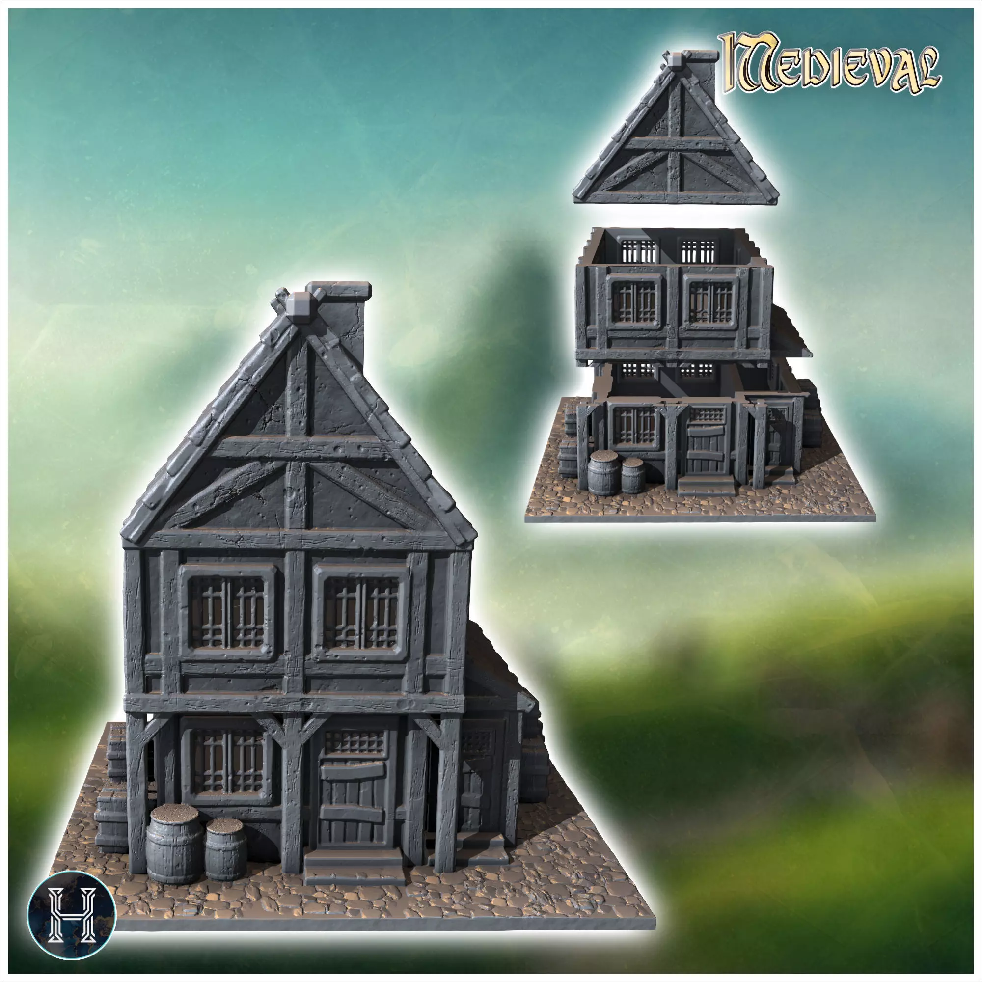 Two-story wooden house with barrels and crates near the entrance 3D print model_1