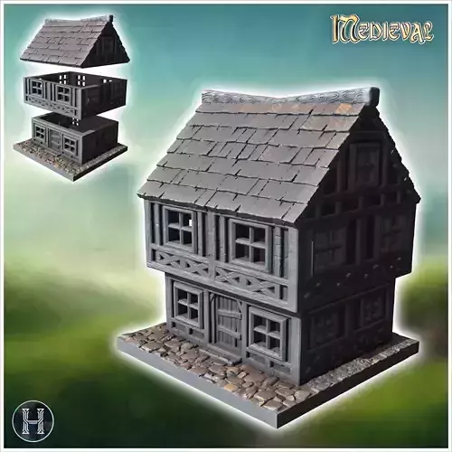 Two-story medieval house with a steep roof multiple windows and 