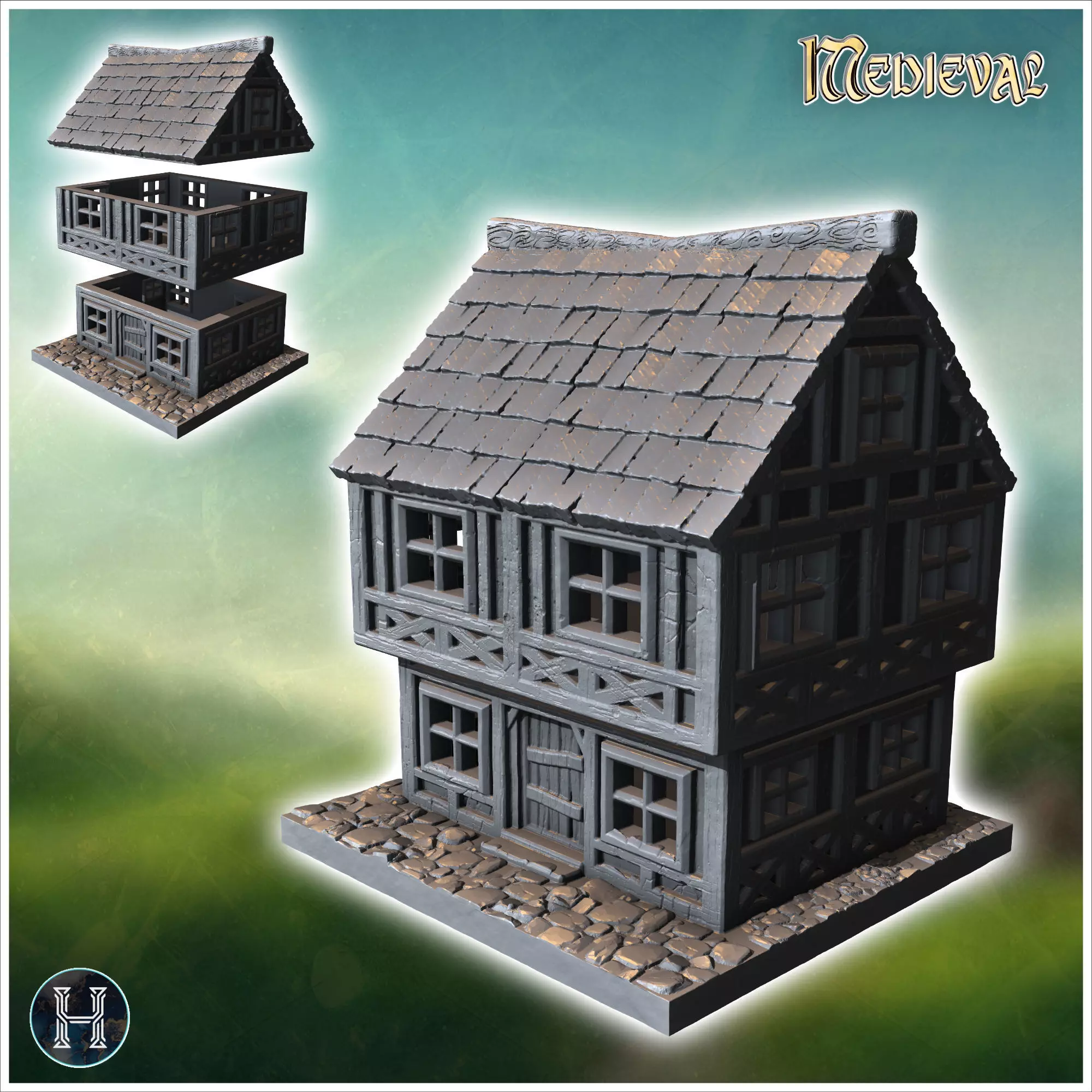 Two-story medieval house with a steep roof multiple windows and 3D print model_0