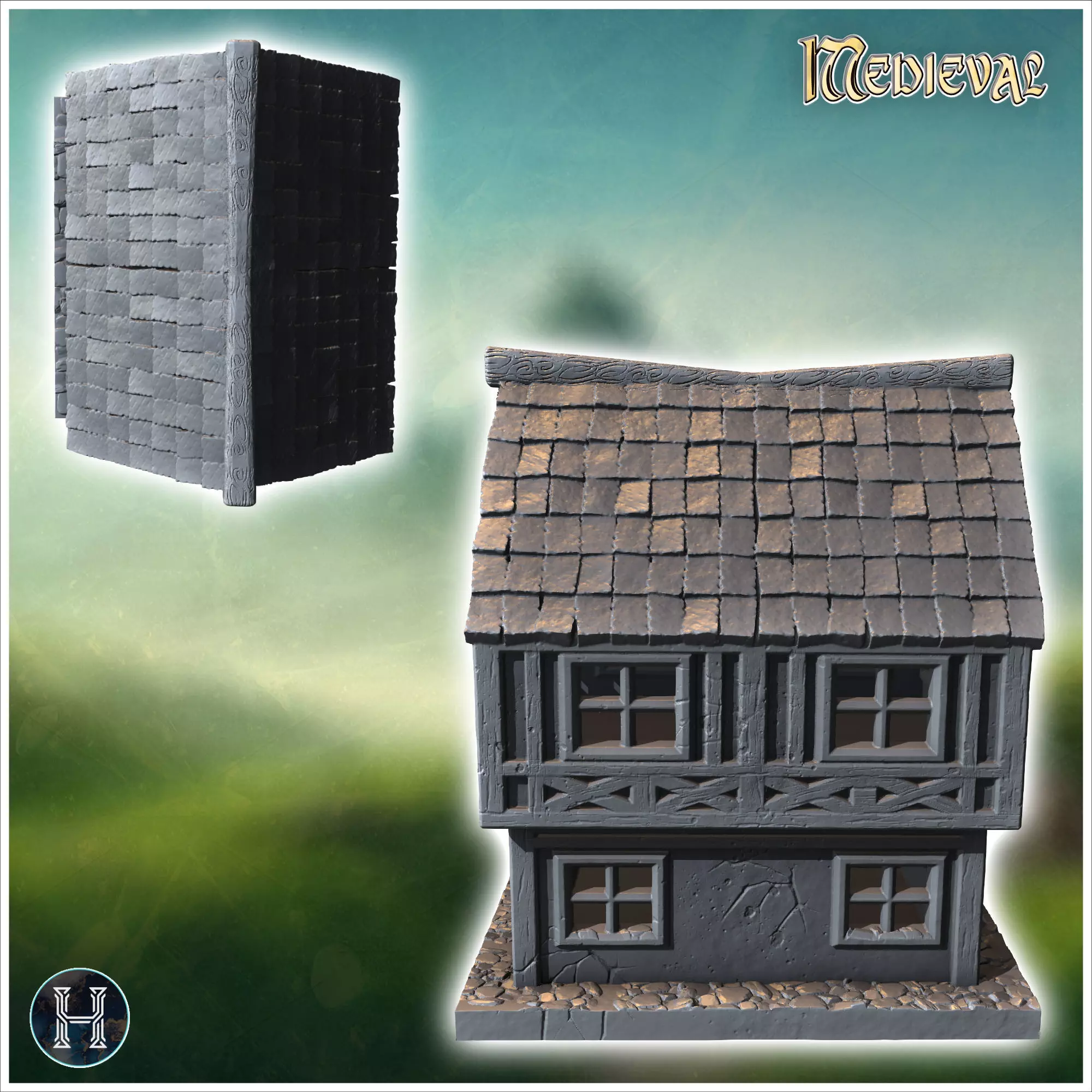 Two-story medieval house with a steep roof multiple windows and 3D print model_3