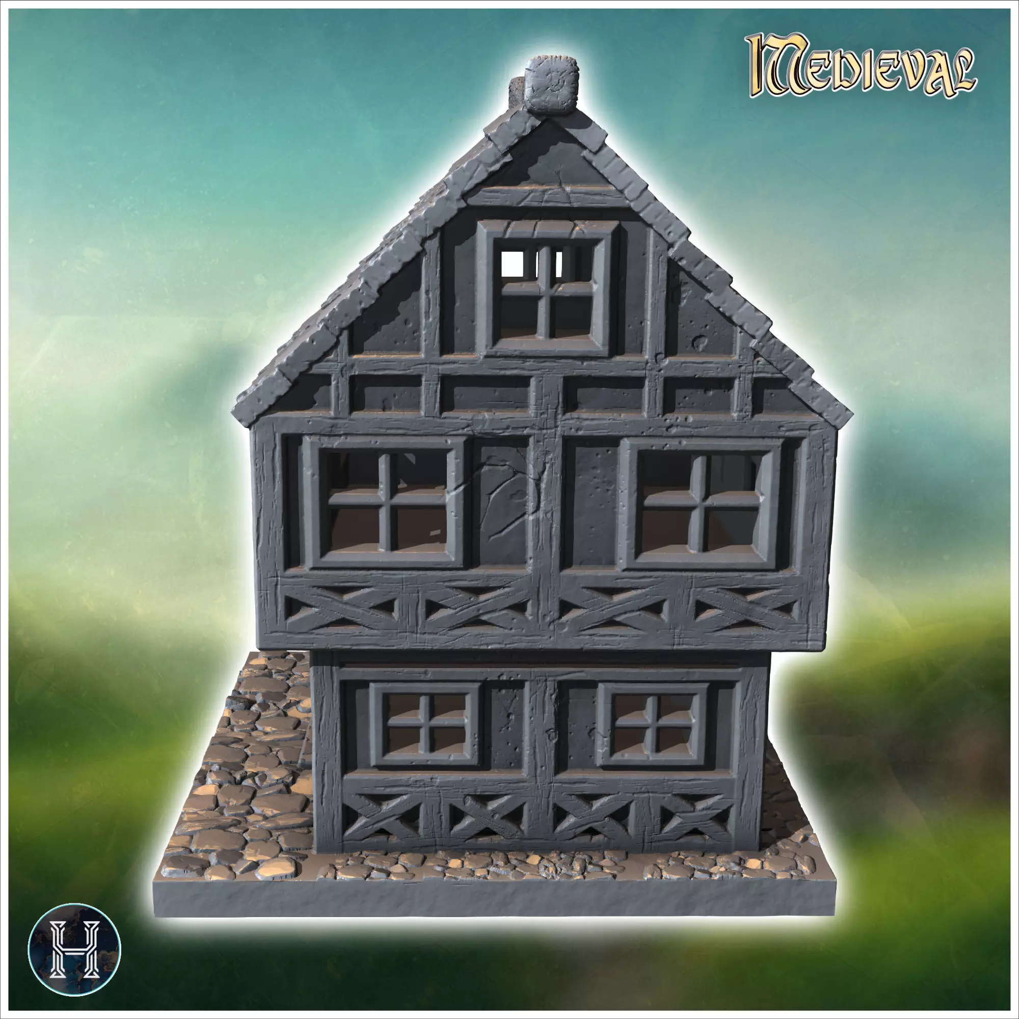 Two-story medieval house with a steep roof multiple windows and 3D print model_4