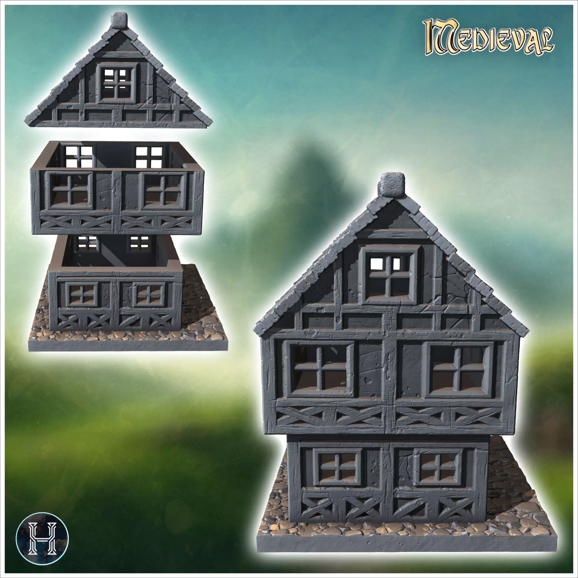 Two-story medieval house with a steep roof multiple windows and 3D print model_2