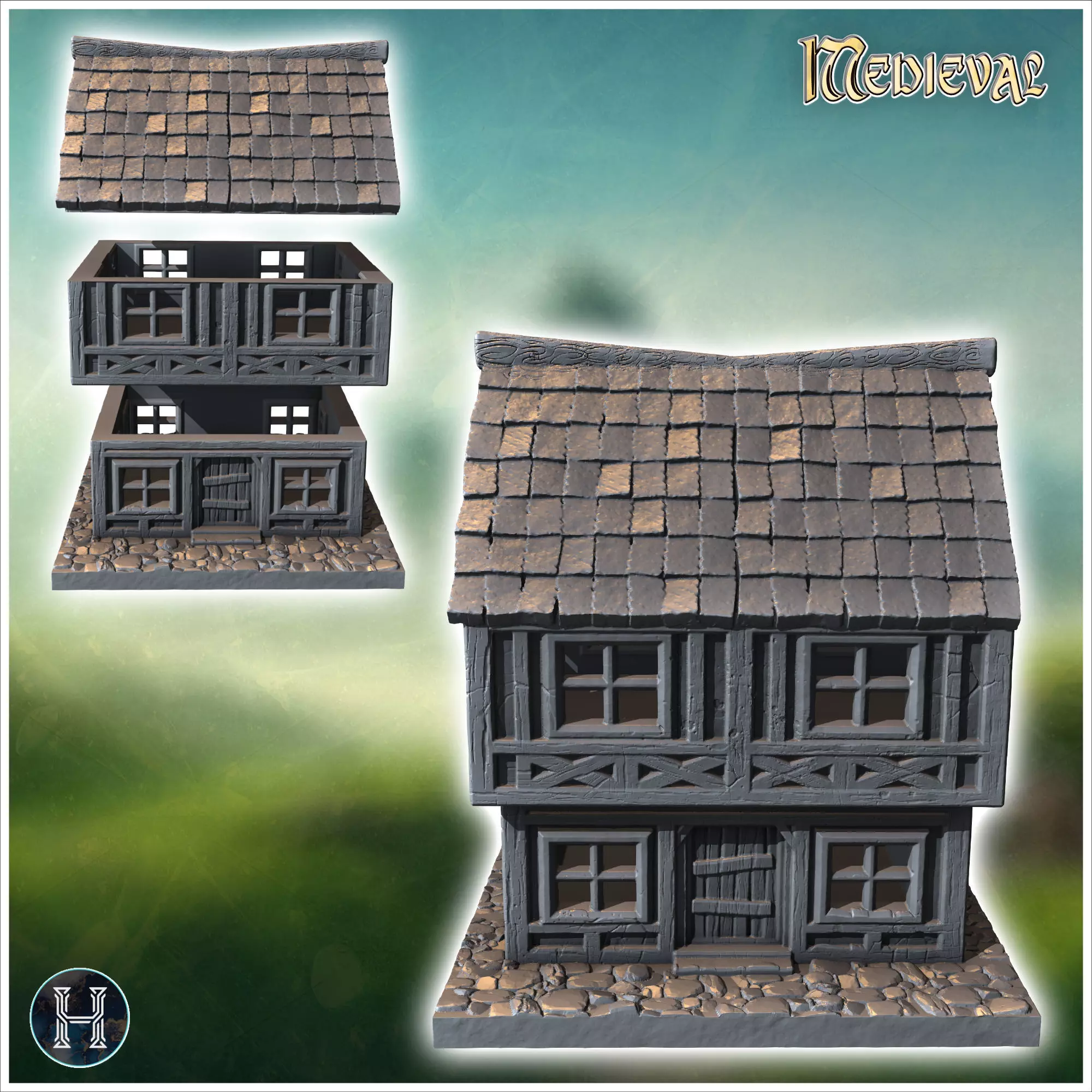 Two-story medieval house with a steep roof multiple windows and 3D print model_1