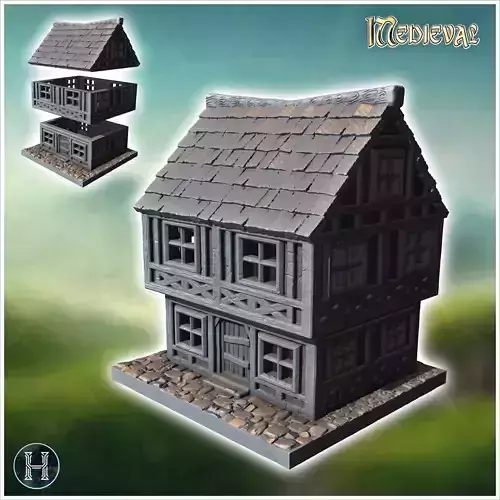 Two-story medieval house with timber framing small windows and c