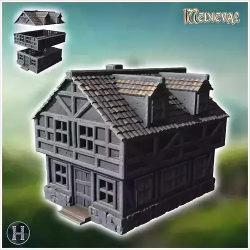 Timber-framed house with tiled roof multiple windows and a front