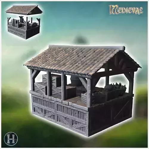 Wooden market stall with crates and baskets under a sloped roof 