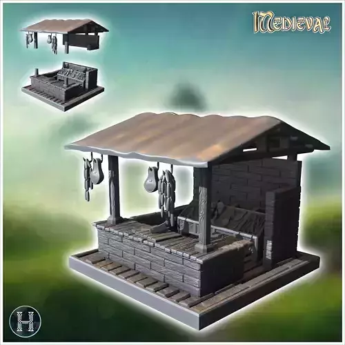 Market stall with a tin roof hanging meats and display tables fo