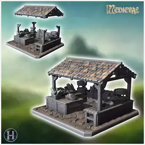 Rustic market stall with baskets barrels and a tiled roof displa