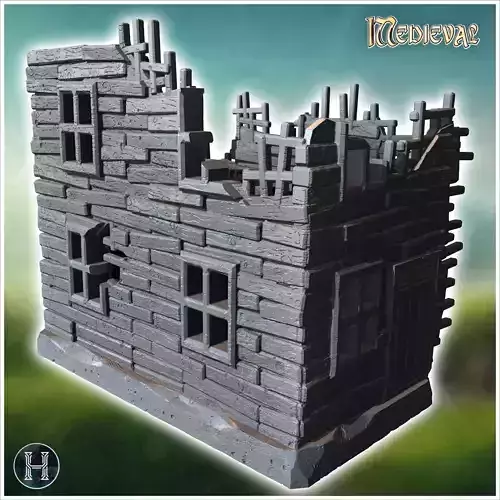 Partially destroyed wooden house with broken beams missing roof 