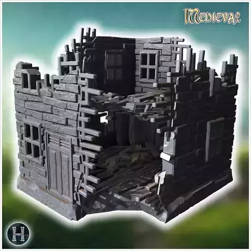 Collapsed wooden building with exposed structure broken floors a