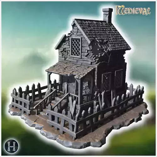 Small dilapidated wooden house with broken fence shattered windo