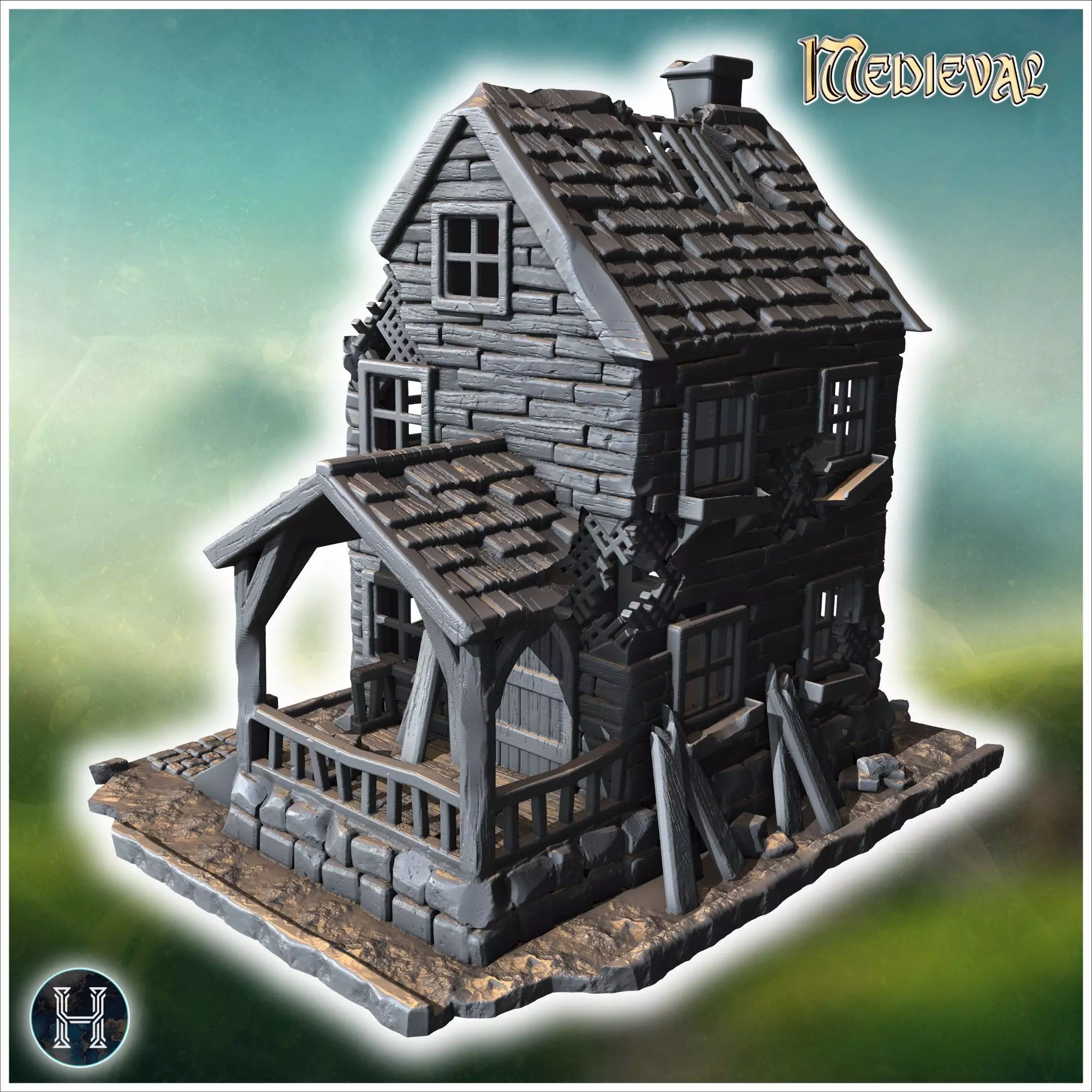 Two-story wooden house with a damaged porch broken windows and a 3D print model_2