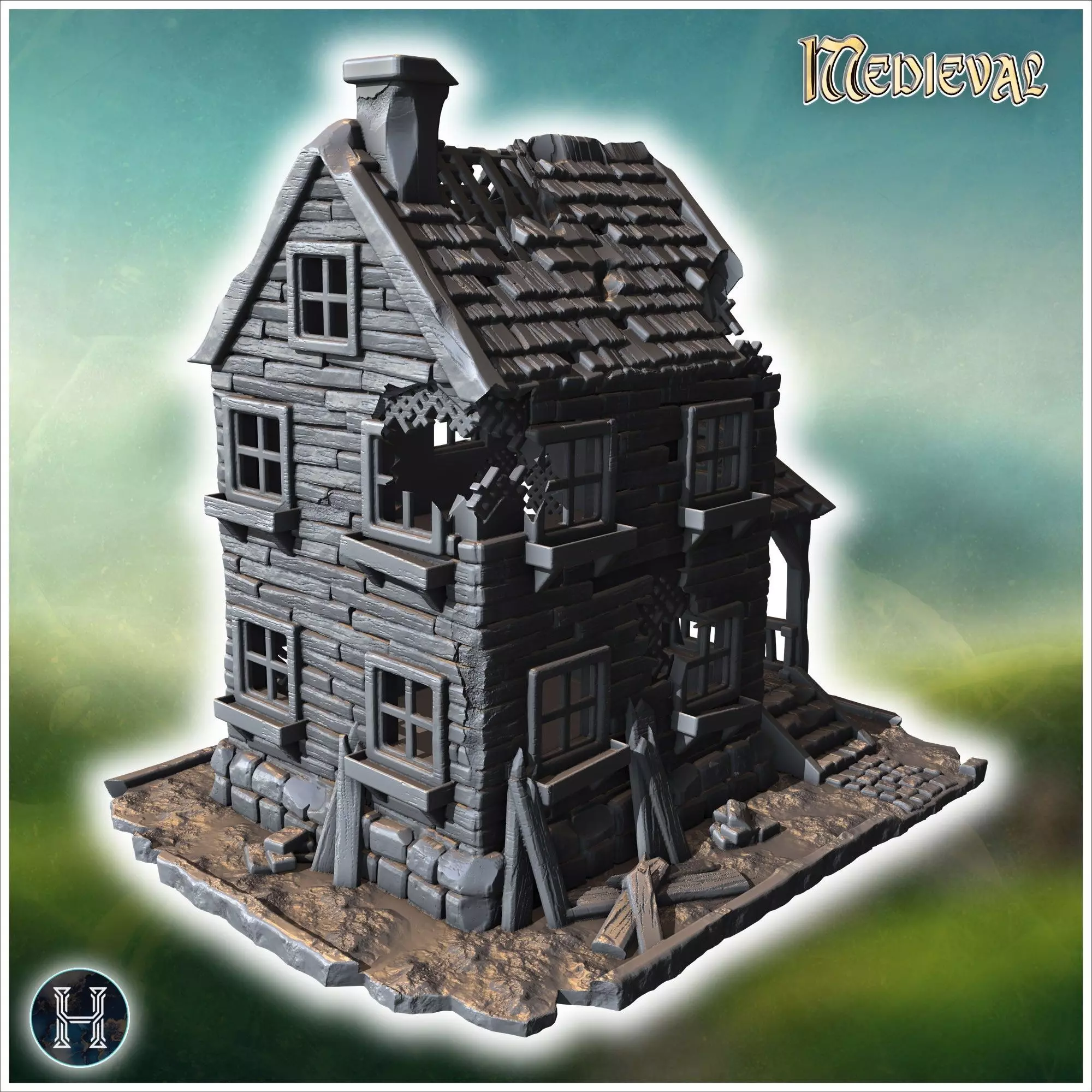 Two-story wooden house with a damaged porch broken windows and a 3D print model_8