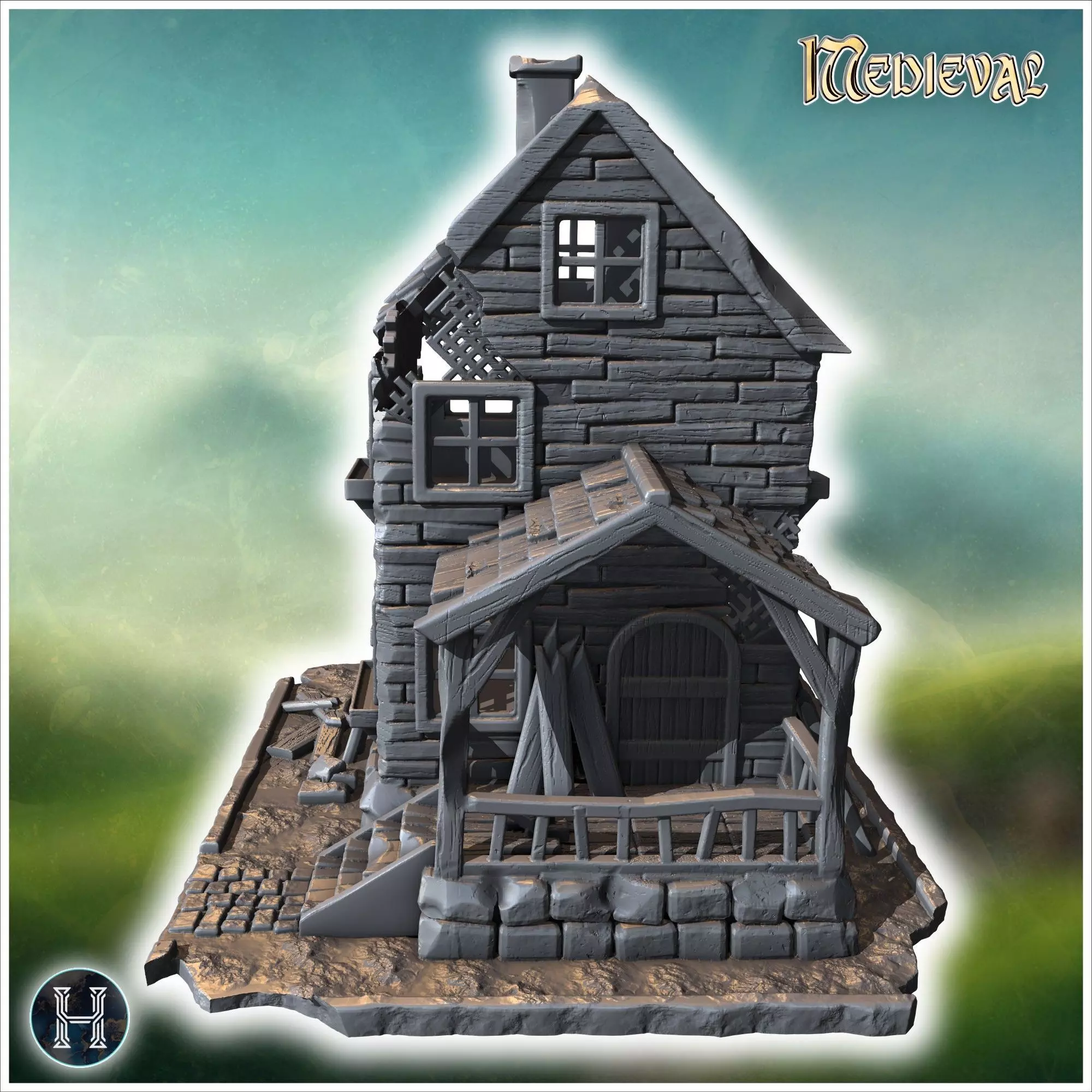 Two-story wooden house with a damaged porch broken windows and a 3D print model_4