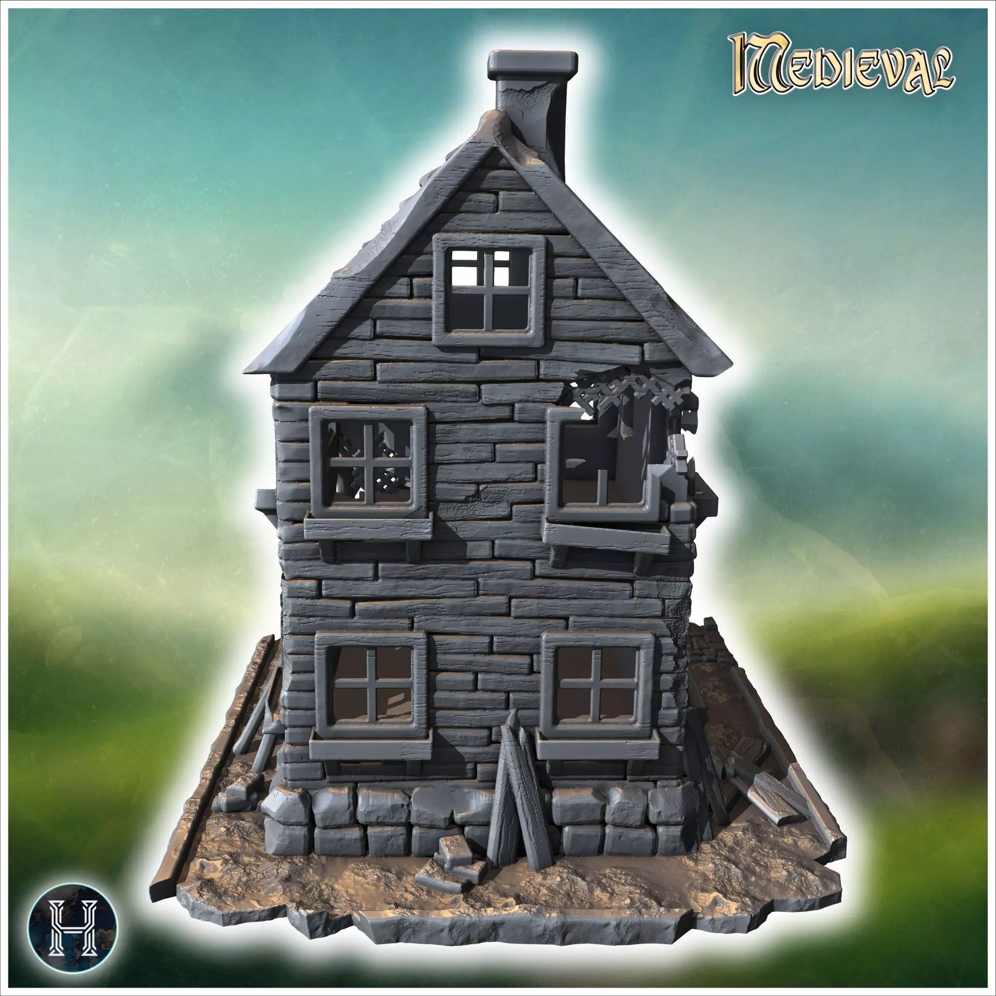 Two-story wooden house with a damaged porch broken windows and a 3D print model_9