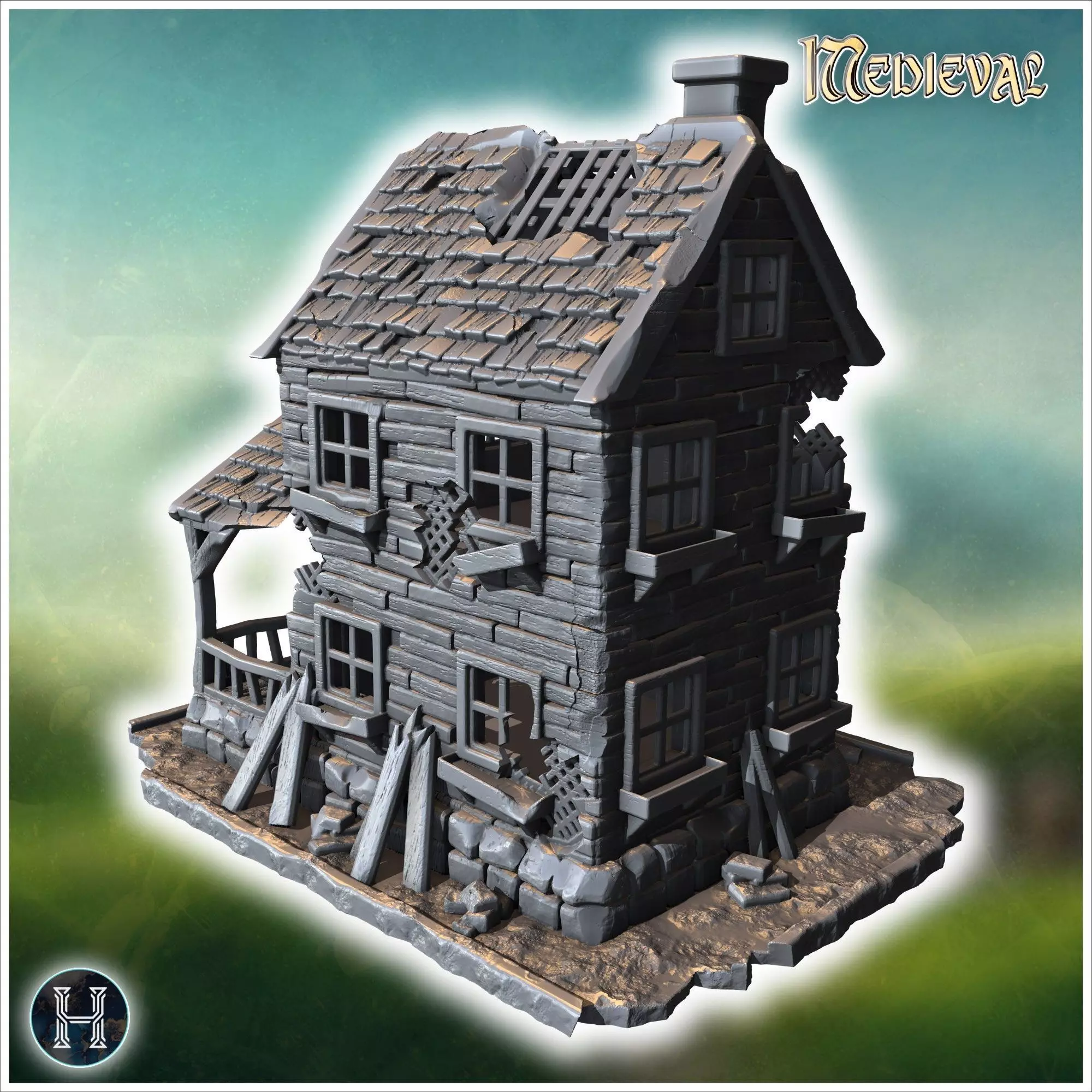 Two-story wooden house with a damaged porch broken windows and a 3D print model_10