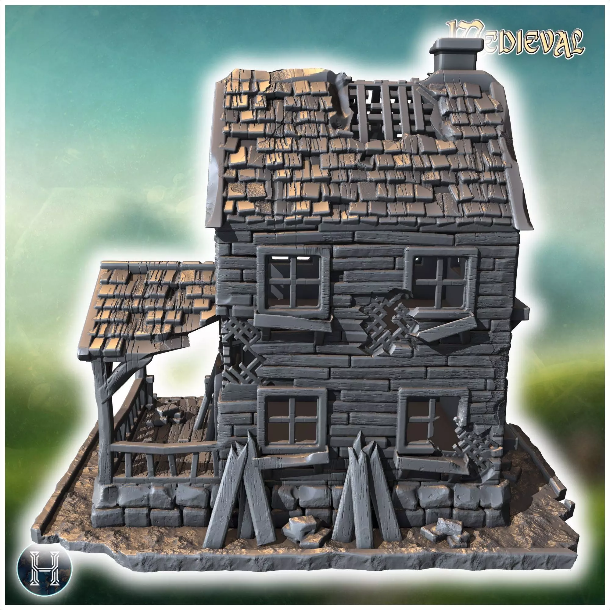Two-story wooden house with a damaged porch broken windows and a 3D print model_1