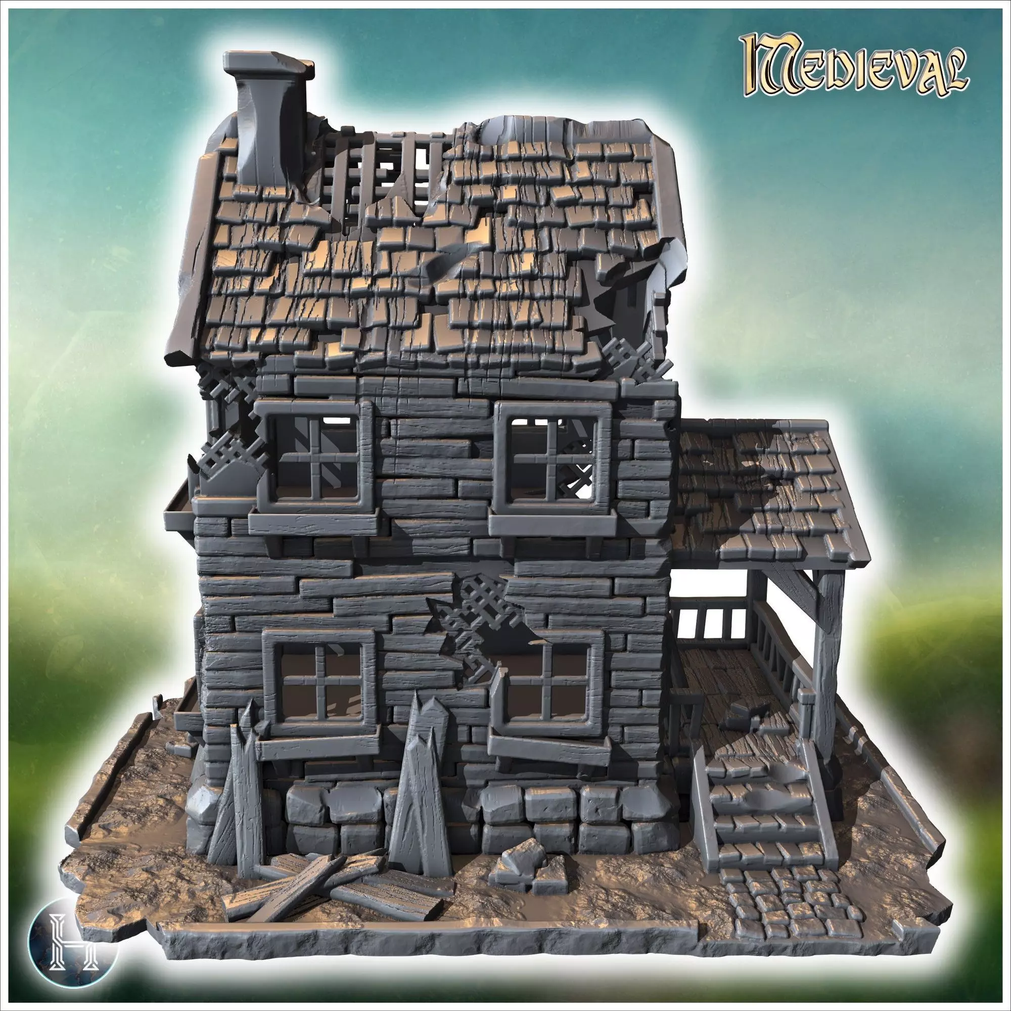 Two-story wooden house with a damaged porch broken windows and a 3D print model_6