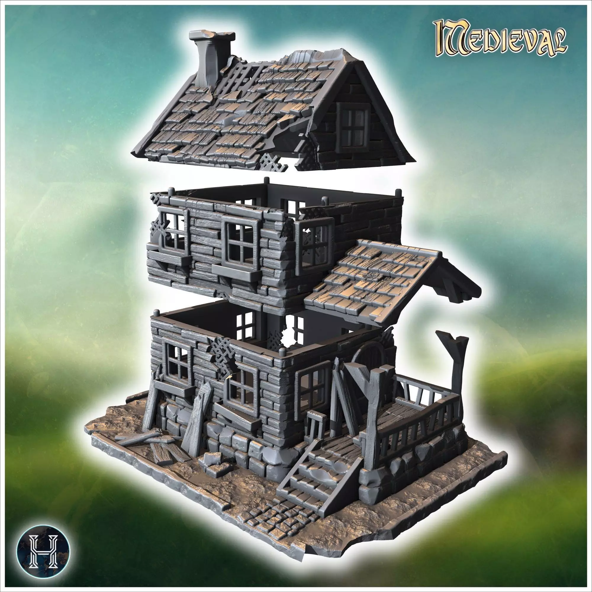 Two-story wooden house with a damaged porch broken windows and a 3D print model_5