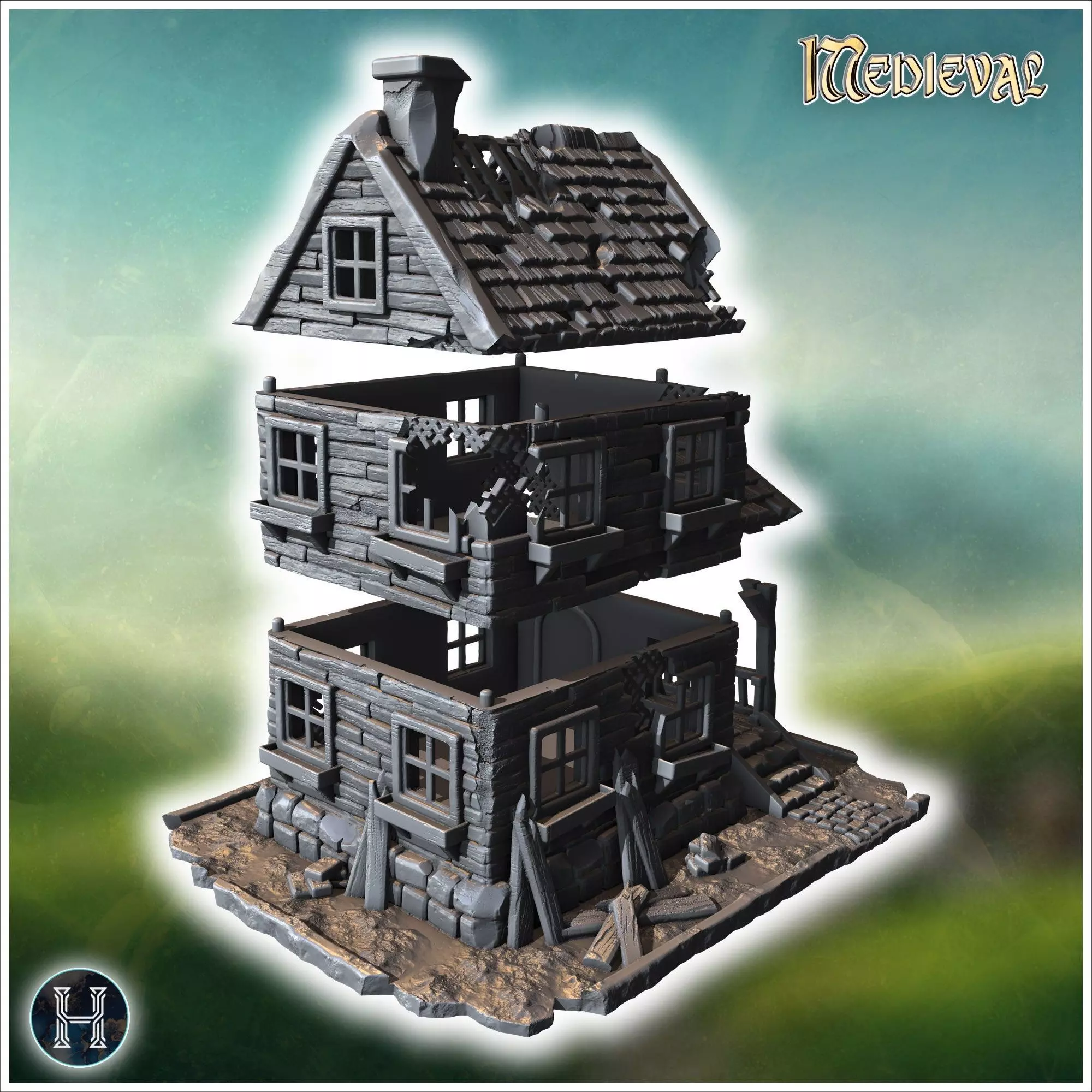 Two-story wooden house with a damaged porch broken windows and a 3D print model_7