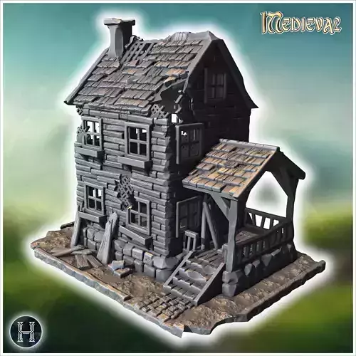 Two-story wooden house with a damaged porch broken windows and a