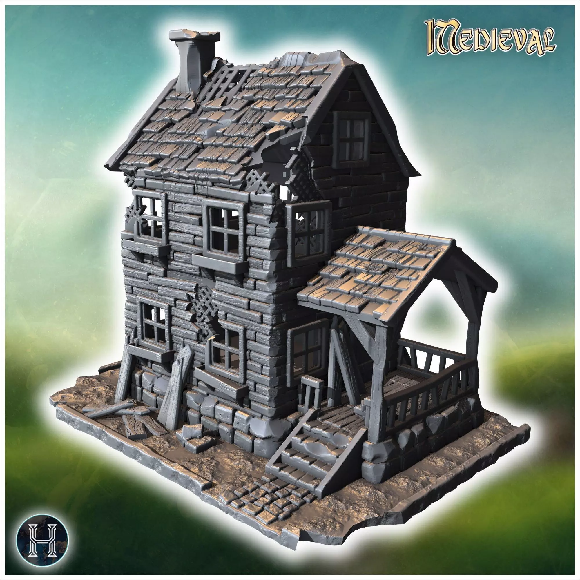 Two-story wooden house with a damaged porch broken windows and a 3D print model_0