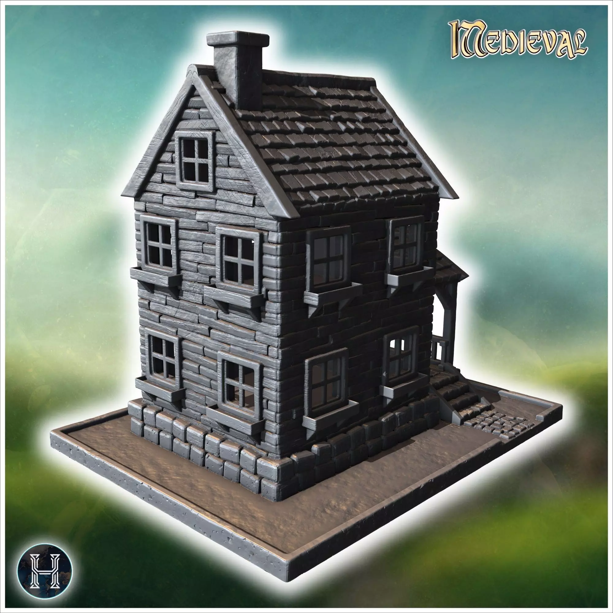 Well-maintained wooden house with a covered porch stone steps an 3D print model_8