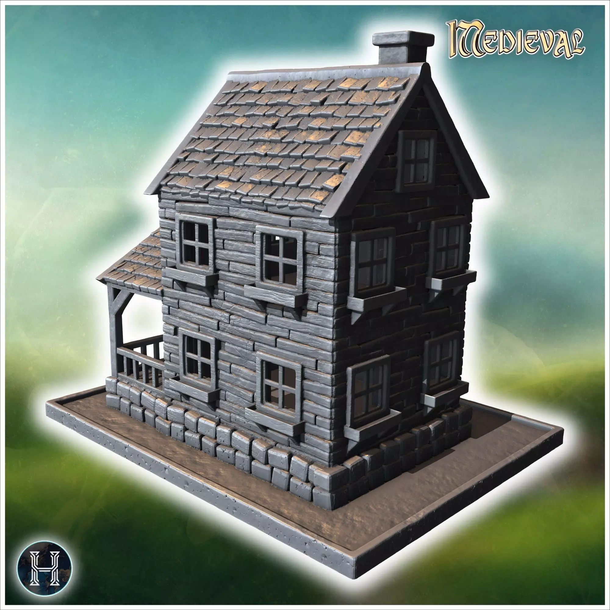 Well-maintained wooden house with a covered porch stone steps an 3D print model_10