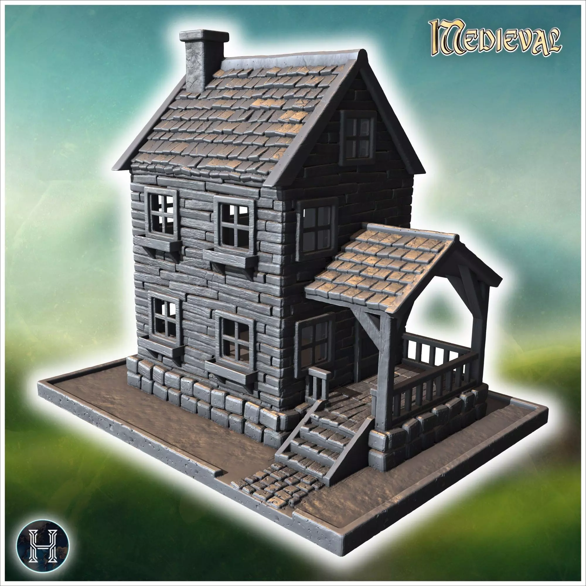 Well-maintained wooden house with a covered porch stone steps an 3D print model_0