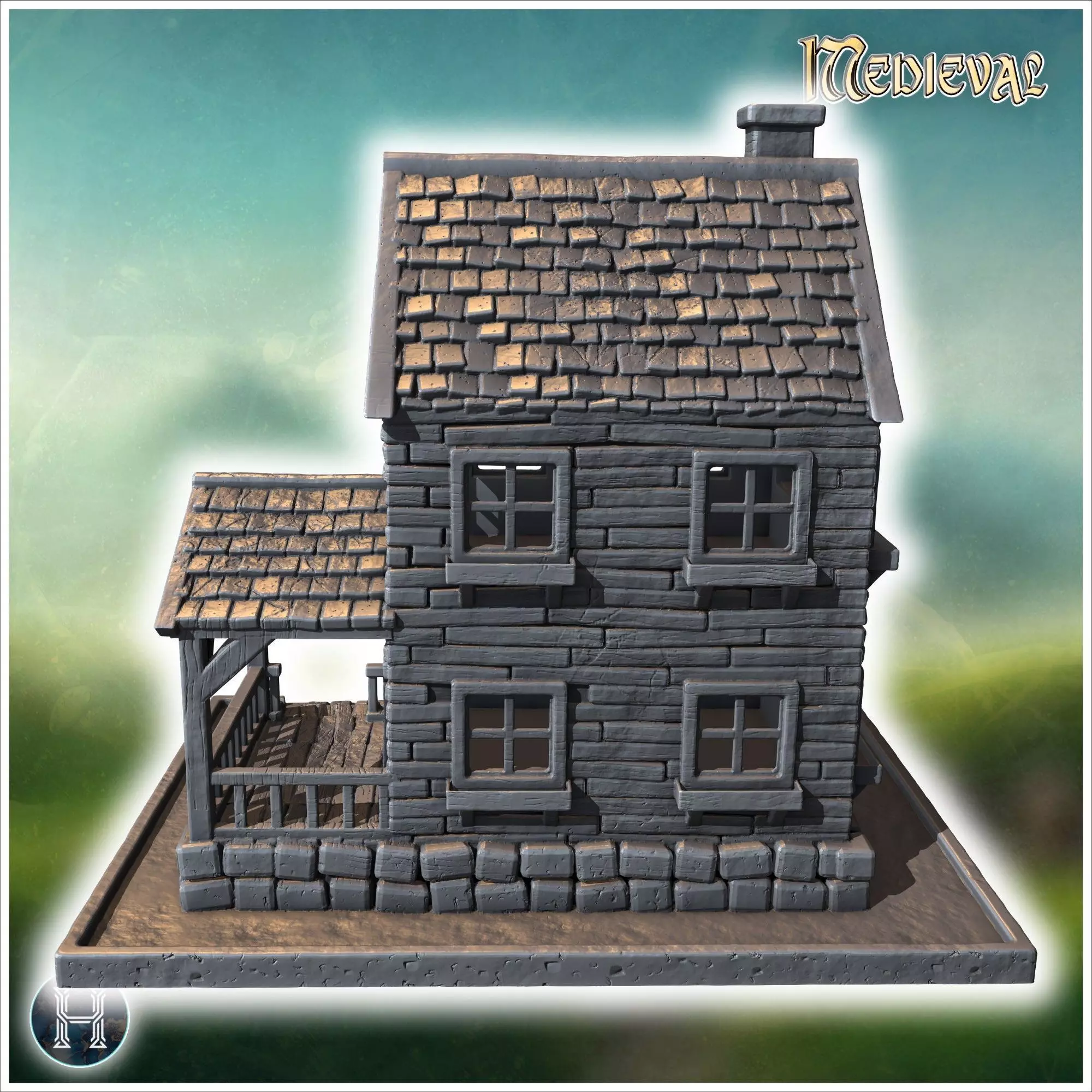 Well-maintained wooden house with a covered porch stone steps an 3D print model_1