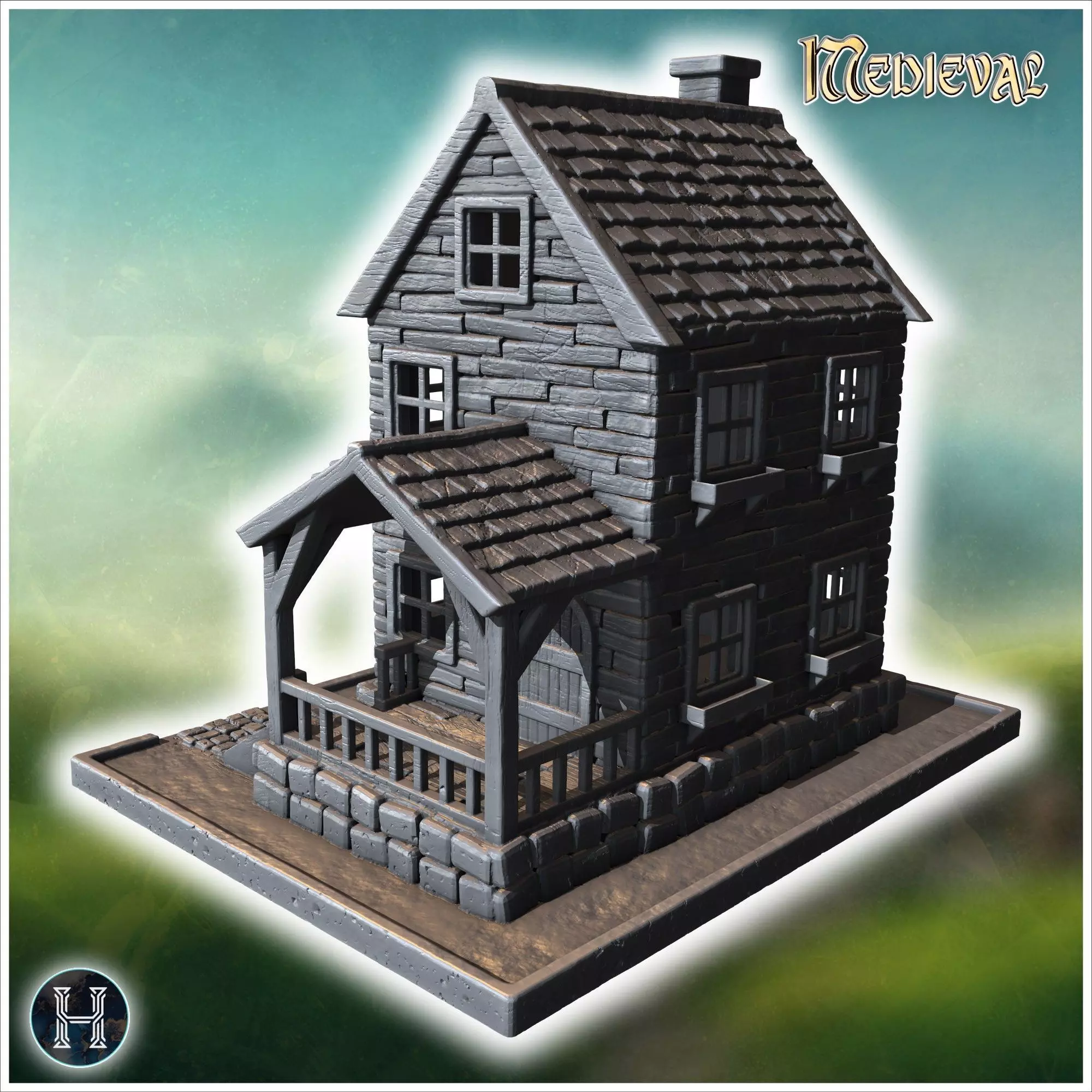 Well-maintained wooden house with a covered porch stone steps an 3D print model_2