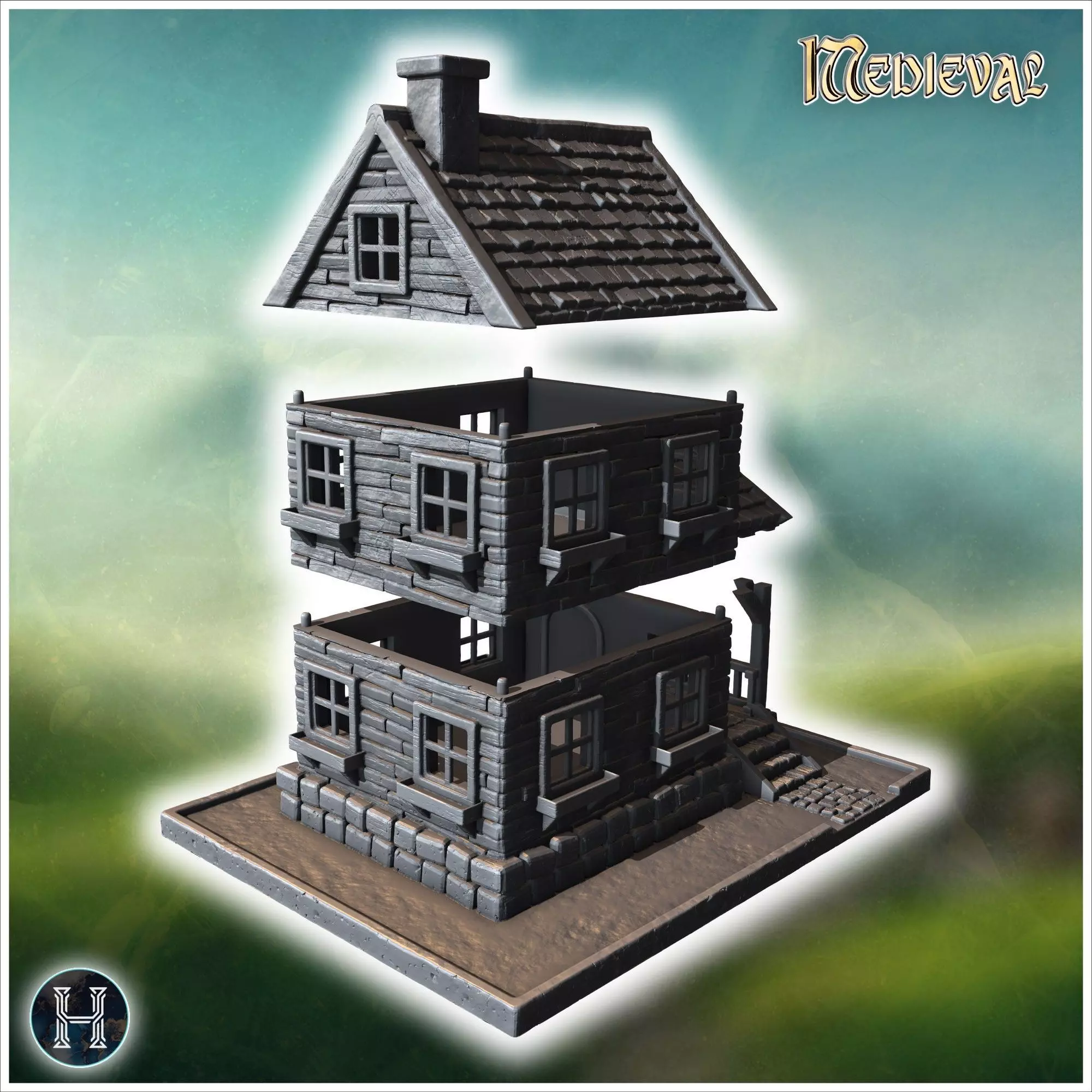Well-maintained wooden house with a covered porch stone steps an 3D print model_7
