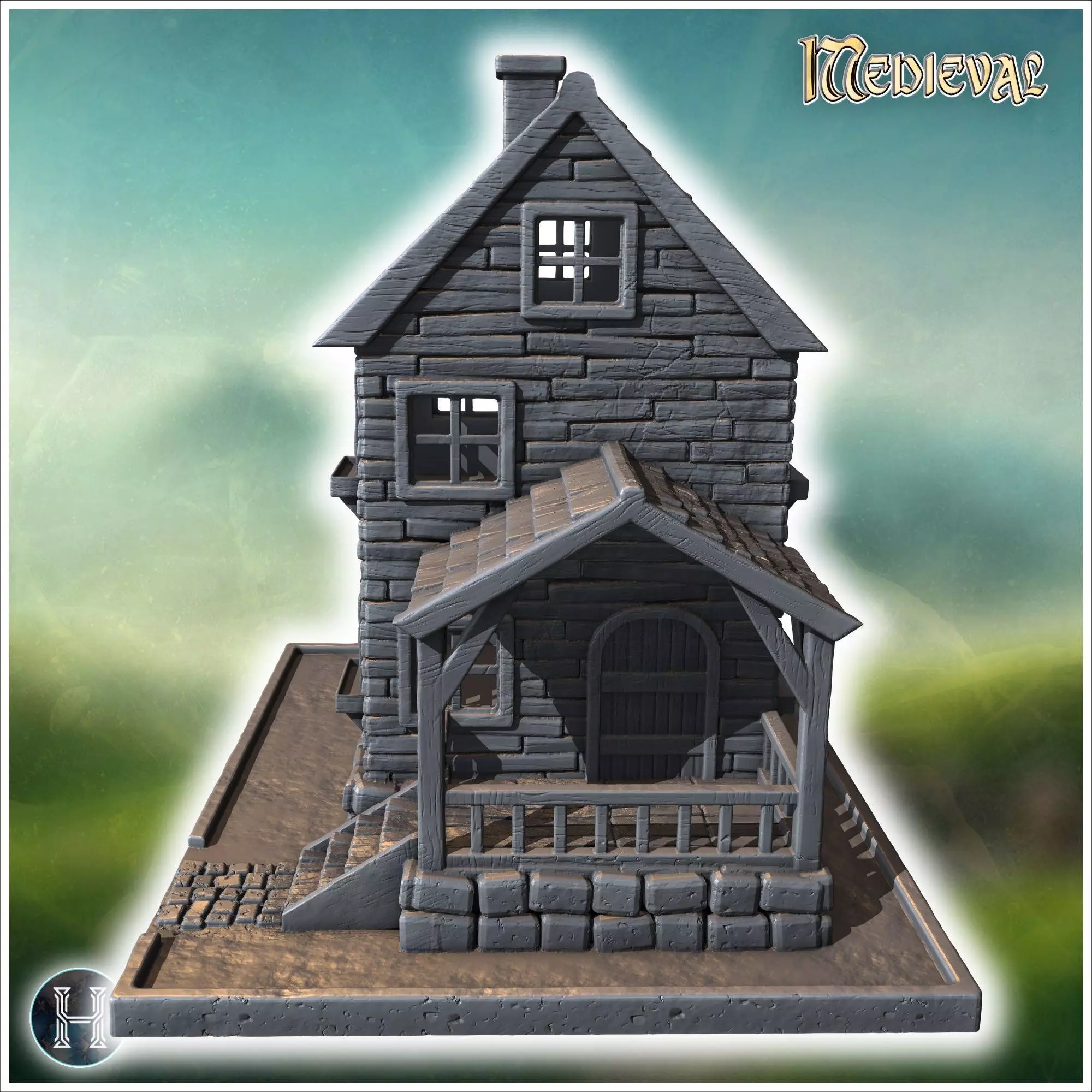 Well-maintained wooden house with a covered porch stone steps an 3D print model_4