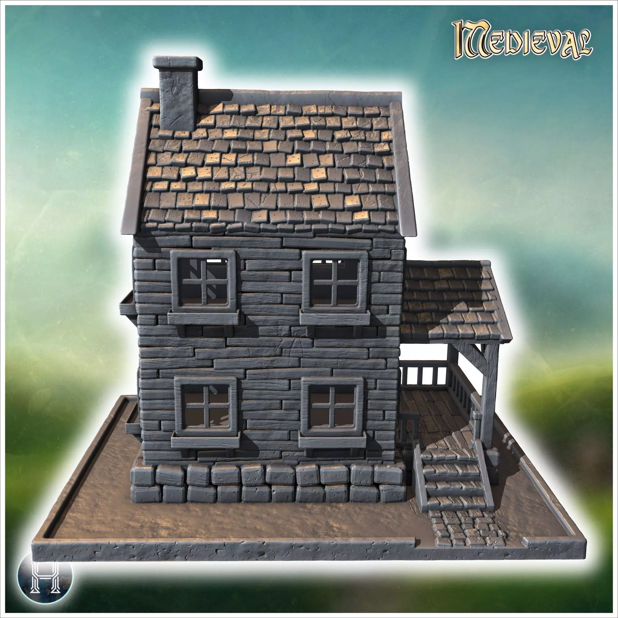 Well-maintained wooden house with a covered porch stone steps an 3D print model_6