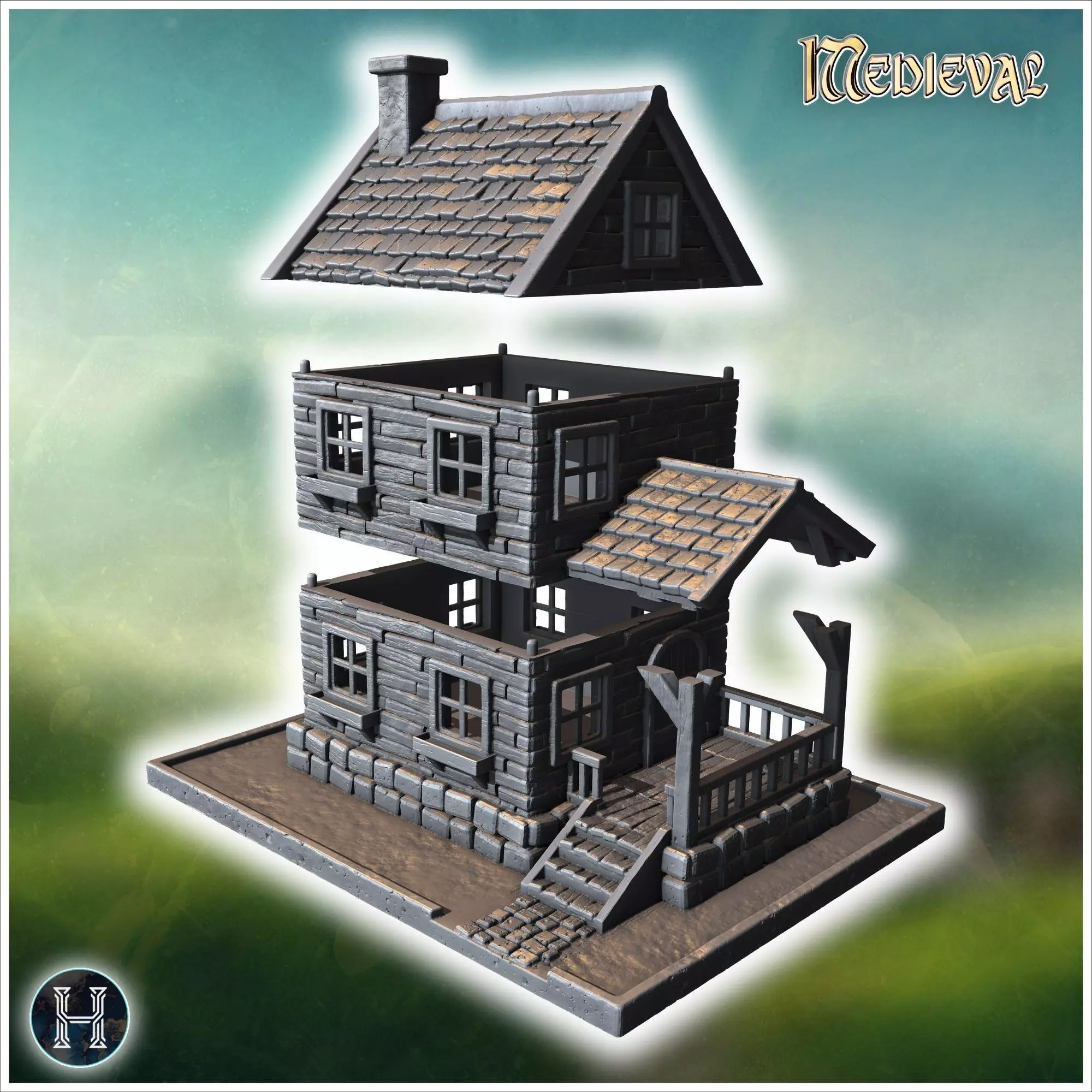 Well-maintained wooden house with a covered porch stone steps an 3D print model_5