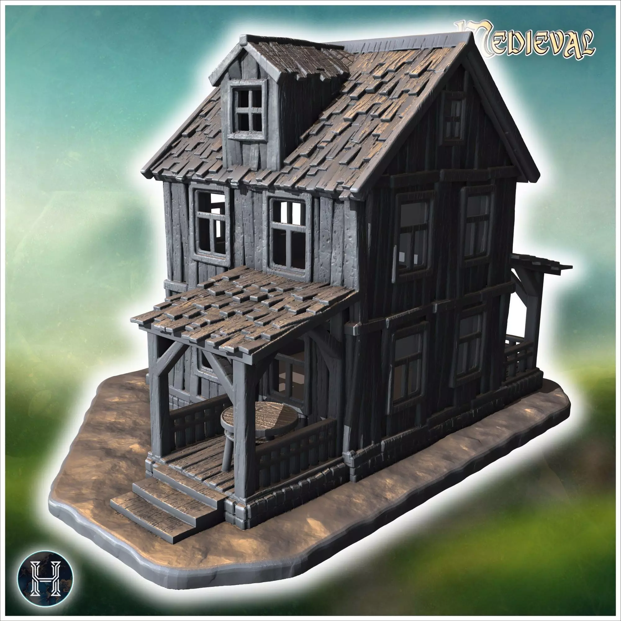 Two-story wooden house with a covered porch damaged roof and woo 3D print model_2
