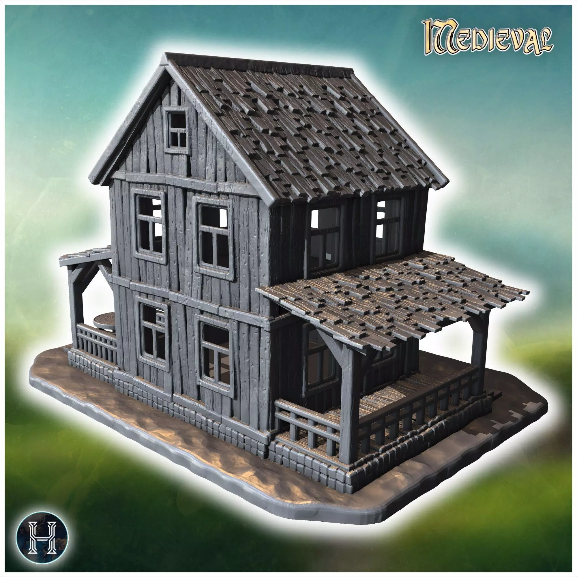 Two-story wooden house with a covered porch damaged roof and woo 3D print model_10