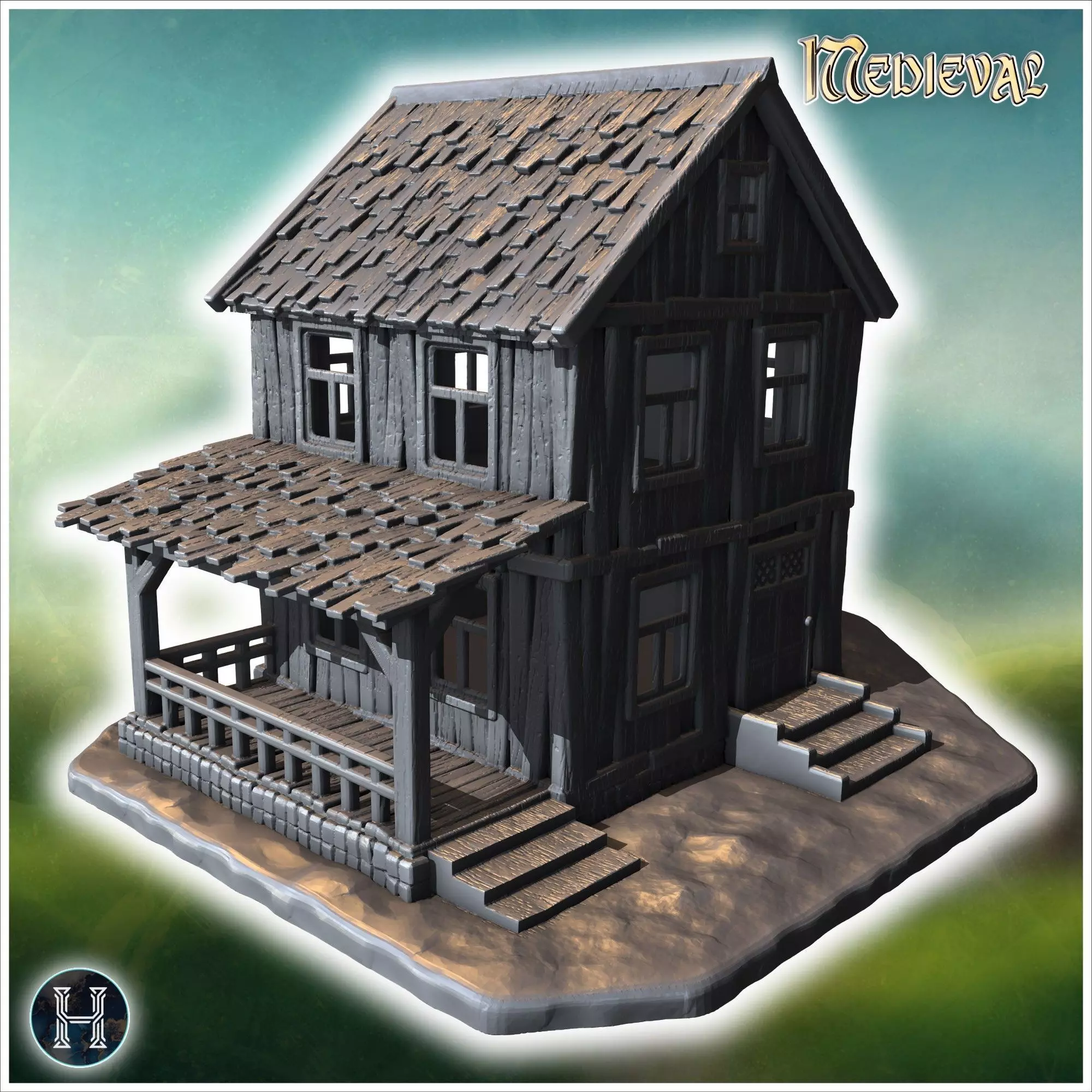 Two-story wooden house with a covered porch damaged roof and woo 3D print model_8