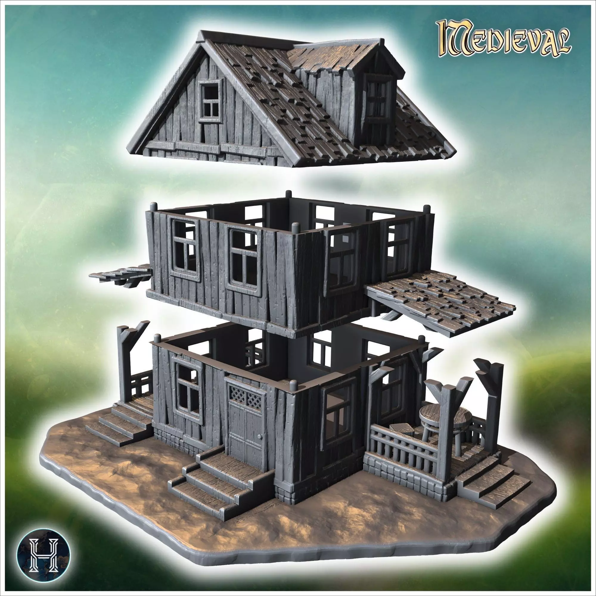 Two-story wooden house with a covered porch damaged roof and woo 3D print model_5