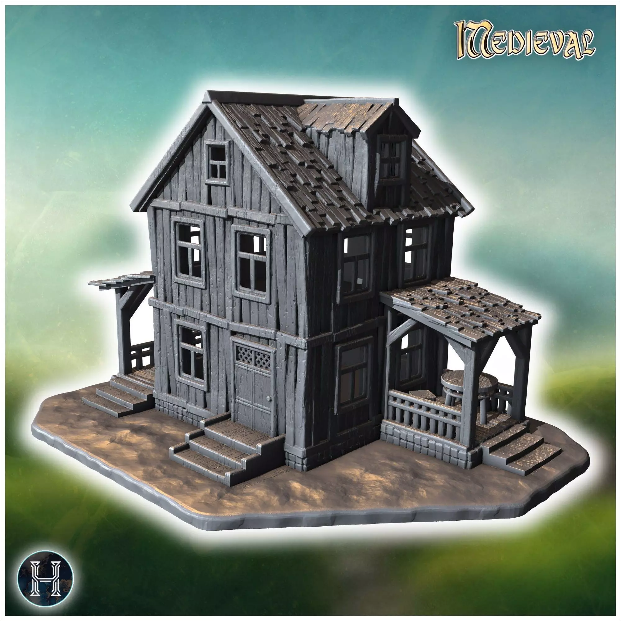 Two-story wooden house with a covered porch damaged roof and woo 3D print model_0