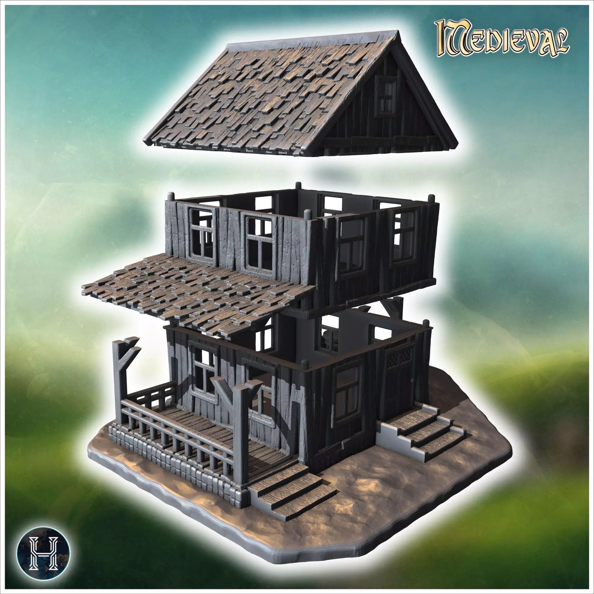 Two-story wooden house with a covered porch damaged roof and woo 3D print model_7