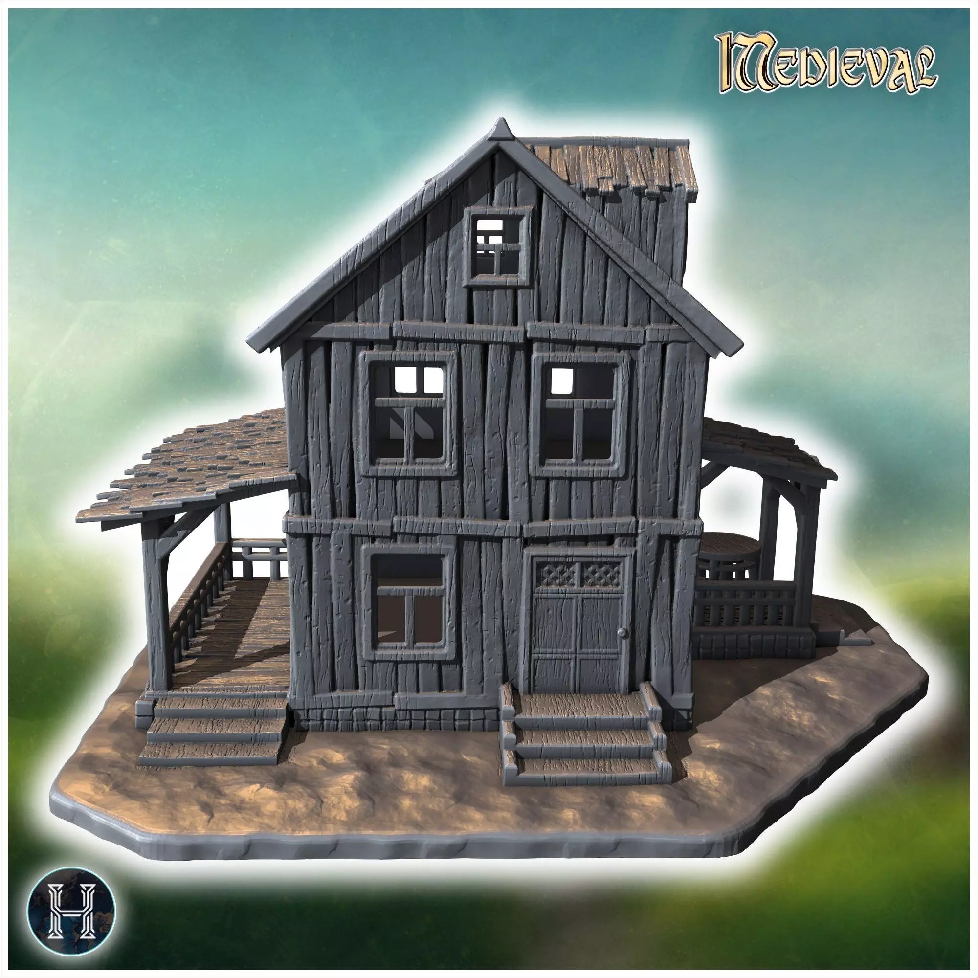 Two-story wooden house with a covered porch damaged roof and woo 3D print model_6