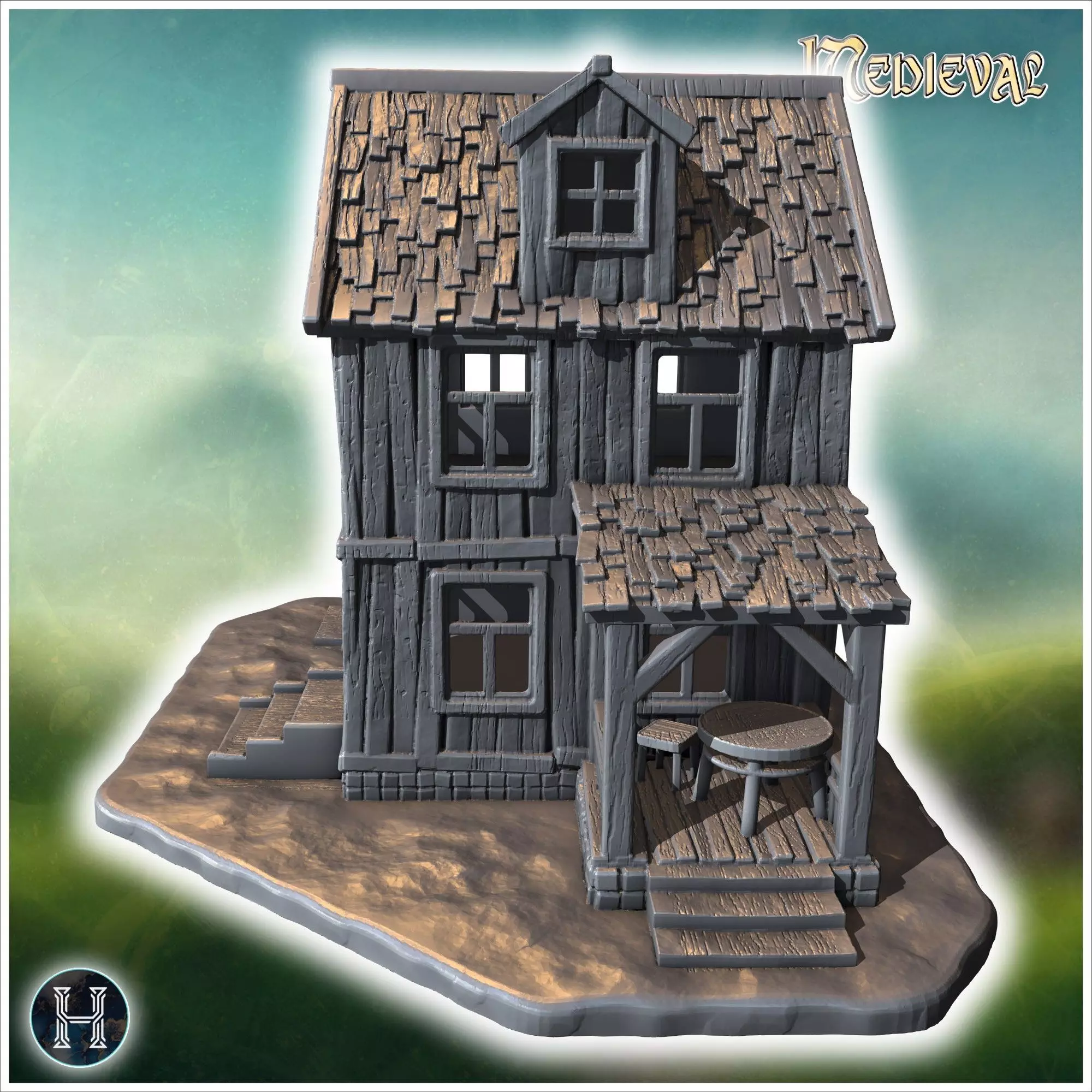 Two-story wooden house with a covered porch damaged roof and woo 3D print model_4